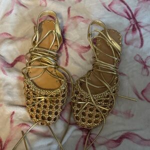 Gold Lace-Up Woven Women's Sandals